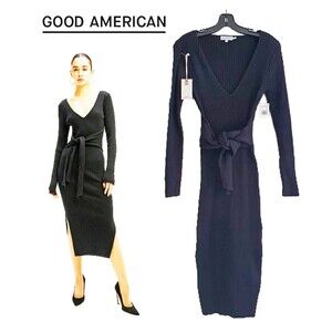 GOOD AMERICAN NEW Old Money V-Neck Side-Slits Bodycon Midi Sweater Dress S